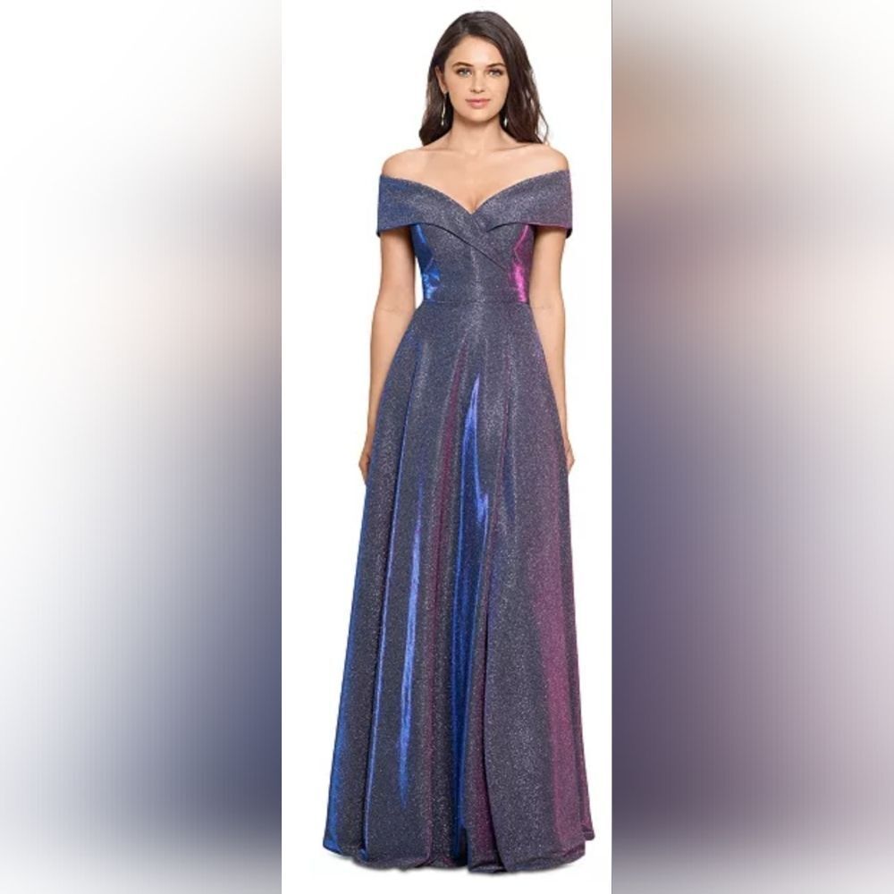 Xscape 3350X Galaxy Off-the-Shoulder Shimmer Gown NWT Sz 6 Silver/Purple